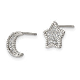 Sterling Silver Moon and Star CZ Post Earrings  Polished, Rhodium-Plated